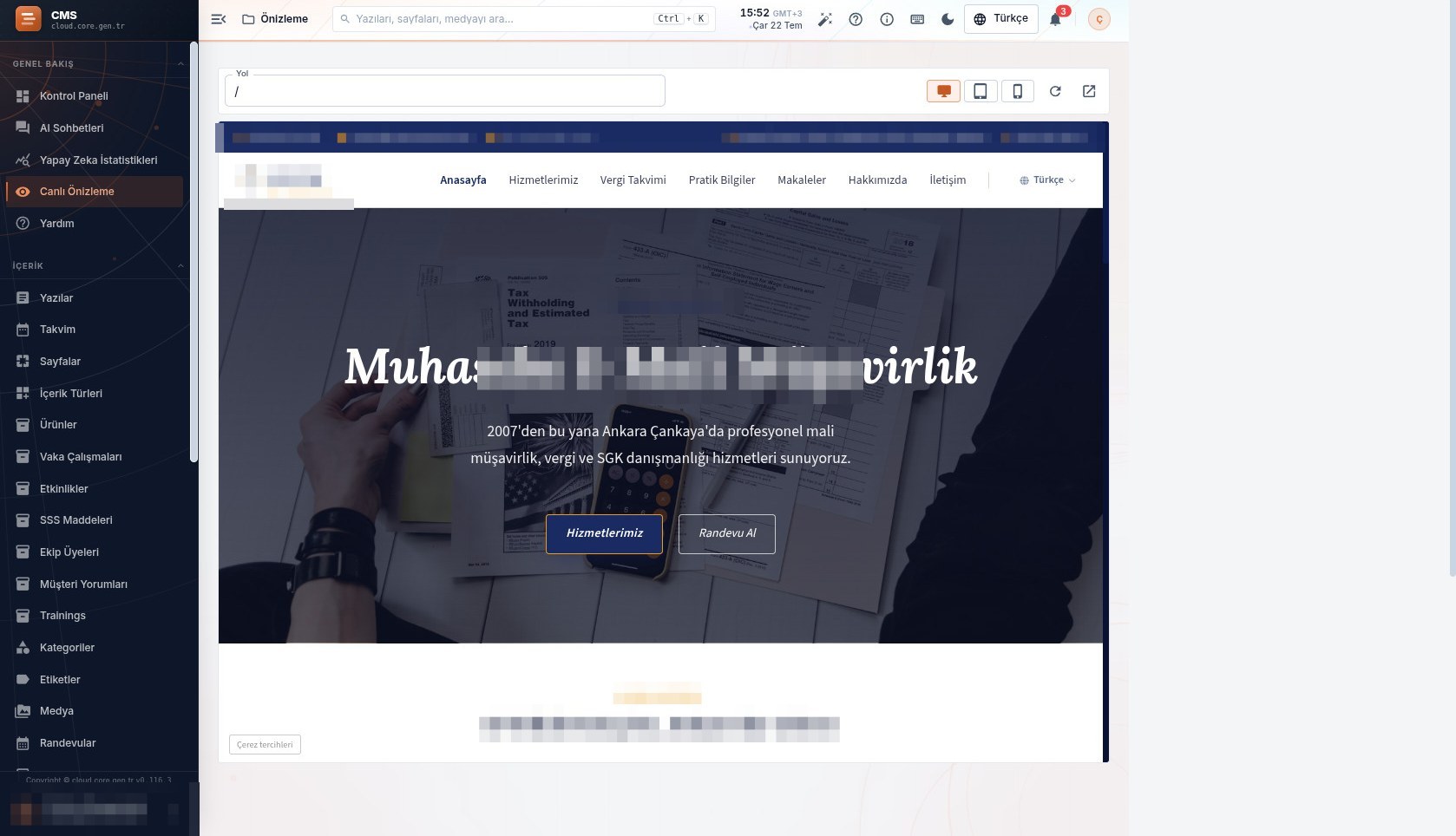 cloud.core.gen.tr CMS — yönetim paneli ve canlı önizleme
