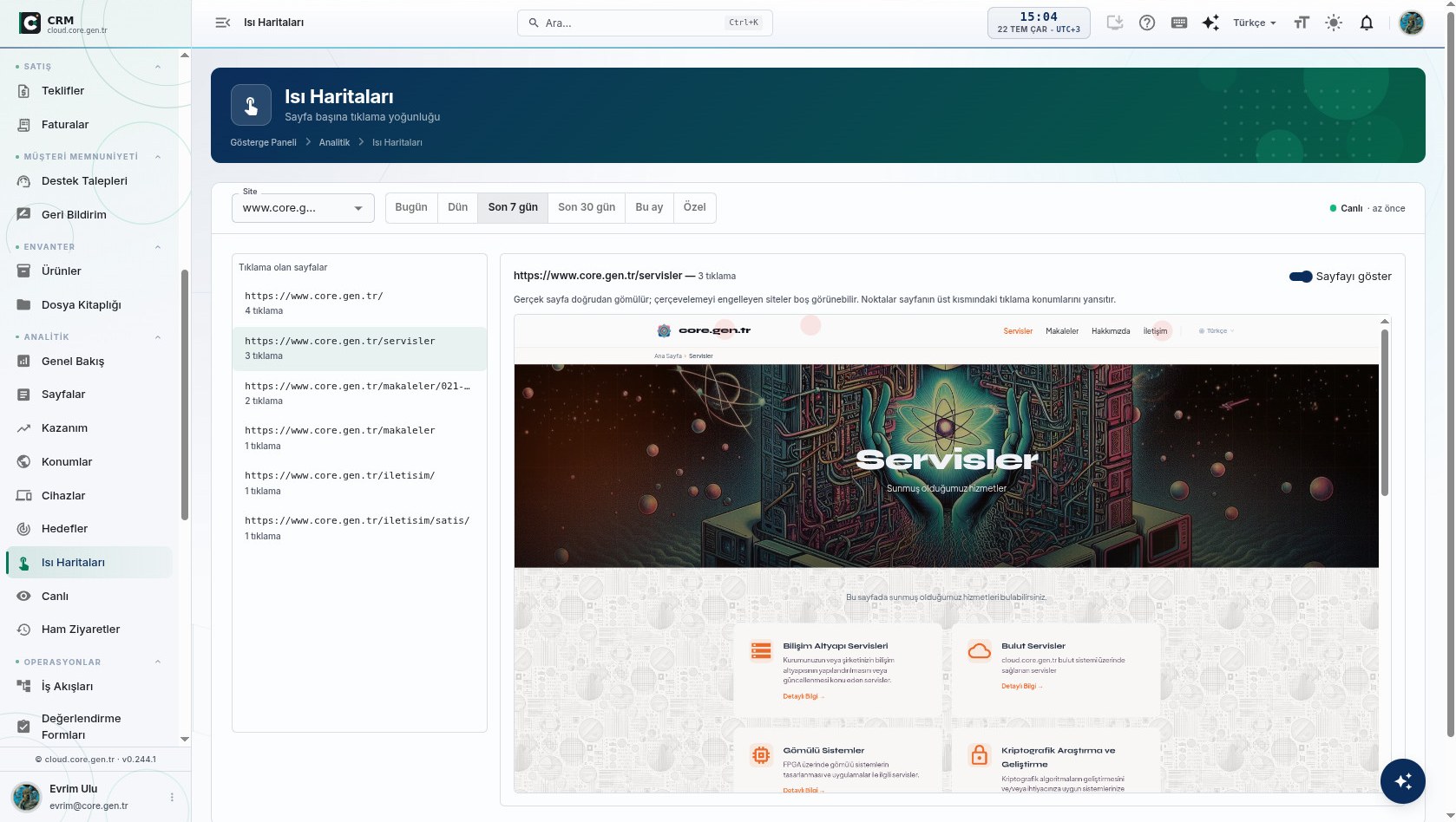 CRM analitik — kendi sitenizin ısı haritası CRM içinde